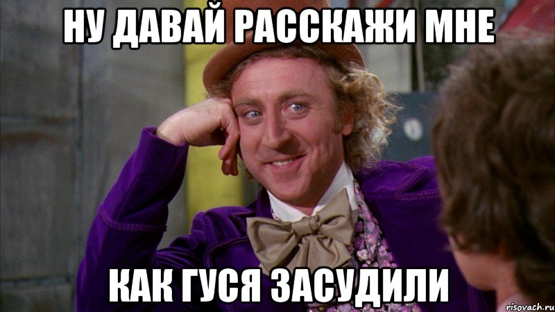 ну давай расскажи мне как гуся засудили, Мем Ну давай расскажи (Вилли Вонка)