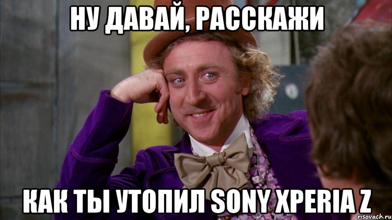 ну давай, расскажи как ты утопил sony xperia z, Мем Ну давай расскажи (Вилли Вонка)