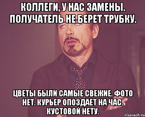 коллеги, у нас замены. получатель не берет трубку. цветы были самые свежие. фото нет. курьер опоздает на час. кустовой нету., Мем твое выражение лица