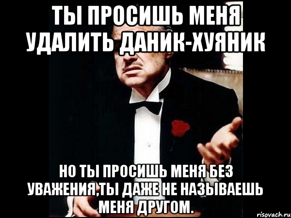 ты просишь меня удалить даник-хуяник но ты просишь меня без уважения,ты даже не называешь меня другом., Мем ты делаешь это без уважения