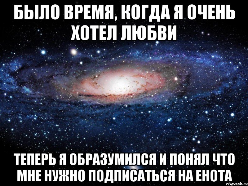 было время, когда я очень хотел любви теперь я образумился и понял что мне нужно подписаться на енота, Мем Вселенная