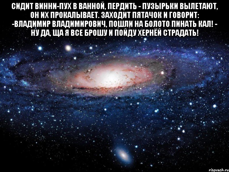 сидит винни-пух в ванной, пердить - пузырьки вылетают, он их прокалывает. заходит пятачок и говорит: -владимир владимирович, пошли на болото пинать кал! - ну да, ща я все брошу и пойду хернёй страдать! , Мем Вселенная