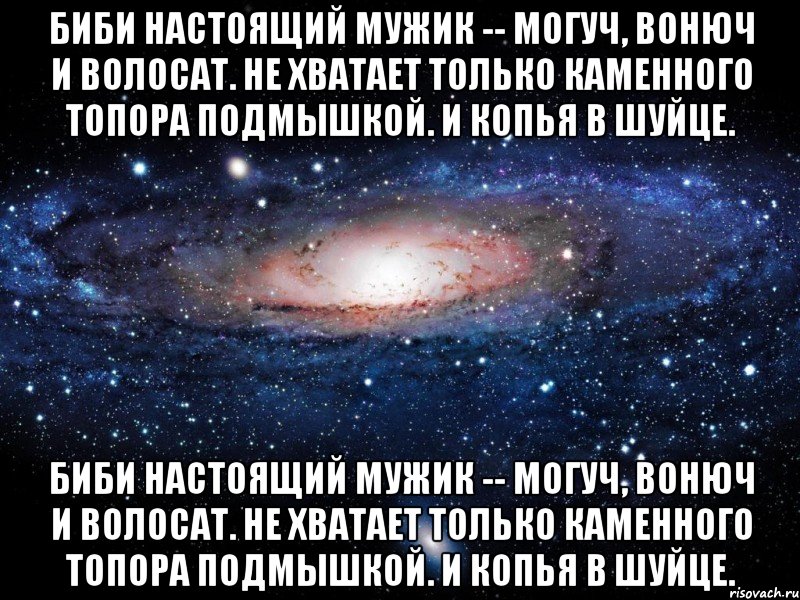 биби настоящий мужик -- могуч, вонюч и волосат. не хватает только каменного топора подмышкой. и копья в шуйце. биби настоящий мужик -- могуч, вонюч и волосат. не хватает только каменного топора подмышкой. и копья в шуйце., Мем Вселенная