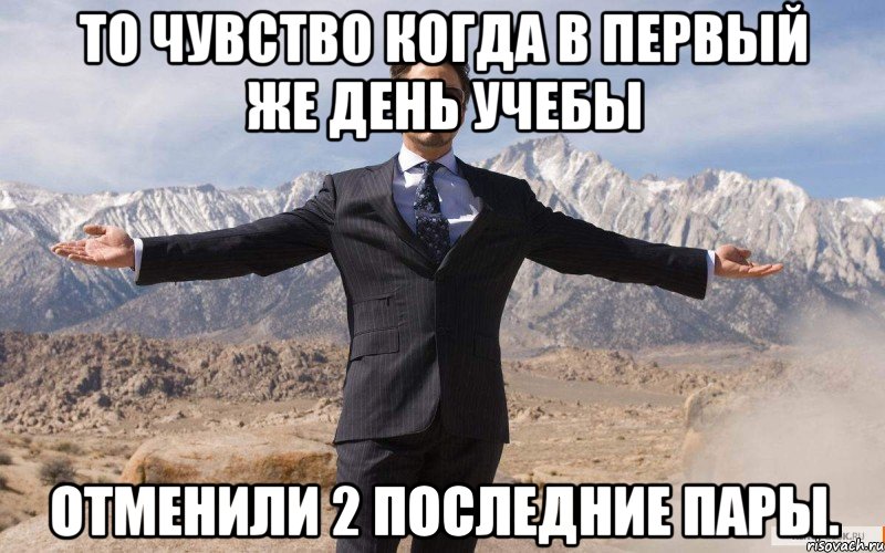 то чувство когда в первый же день учебы отменили 2 последние пары., Мем железный человек