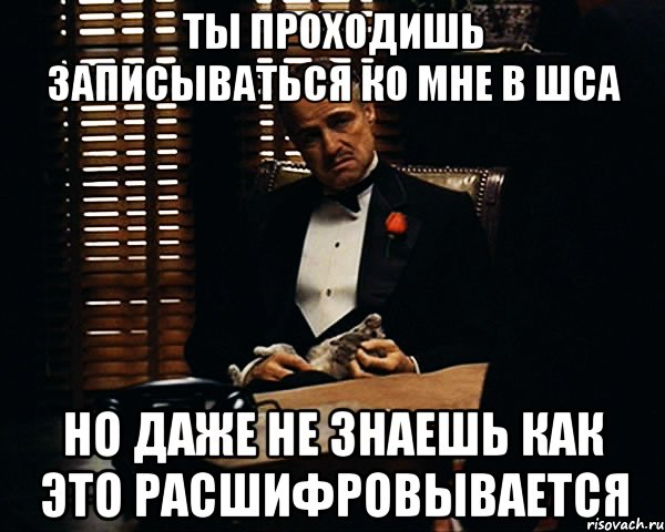 ты проходишь записываться ко мне в шса но даже не знаешь как это расшифровывается, Мем Дон Вито Корлеоне