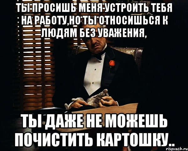 ты просишь меня устроить тебя на работу,но ты относишься к людям без уважения, ты даже не можешь почистить картошку.., Мем Дон Вито Корлеоне