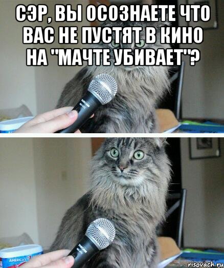 сэр, вы осознаете что вас не пустят в кино на "мачте убивает"? , Комикс  кот с микрофоном