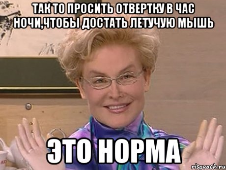 так то просить отвертку в час ночи,чтобы достать летучую мышь это норма, Мем Елена Малышева