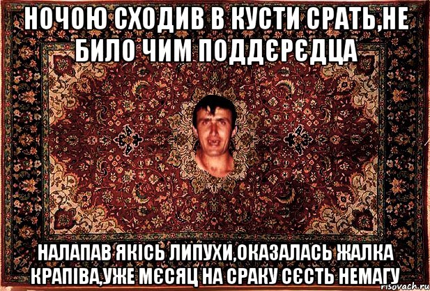 ночою сходив в кусти срать,не било чим поддєрєдца налапав якісь липухи,оказалась жалка крапіва,уже мєсяц на сраку сєсть немагу, Мем Перший парнь на сел