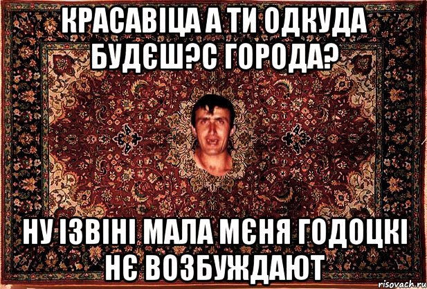 красавіца а ти одкуда будєш?с города? ну ізвіні мала мєня годоцкі нє возбуждают, Мем Перший парнь на сел