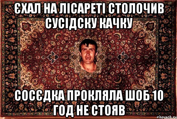 єхал на лісареті столочив сусідску качку сосєдка прокляла шоб 10 год не стояв, Мем Перший парнь на сел