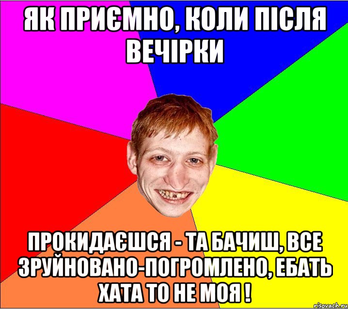 як приємно, коли після вечірки прокидаєшся - та бачиш, все зруйновано-погромлено, ебать хата то не моя !, Мем Петро Бампер