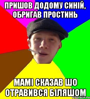 пришов додому синій, обригав простинь мамі сказав шо отравився біляшом, Мем умный гопник