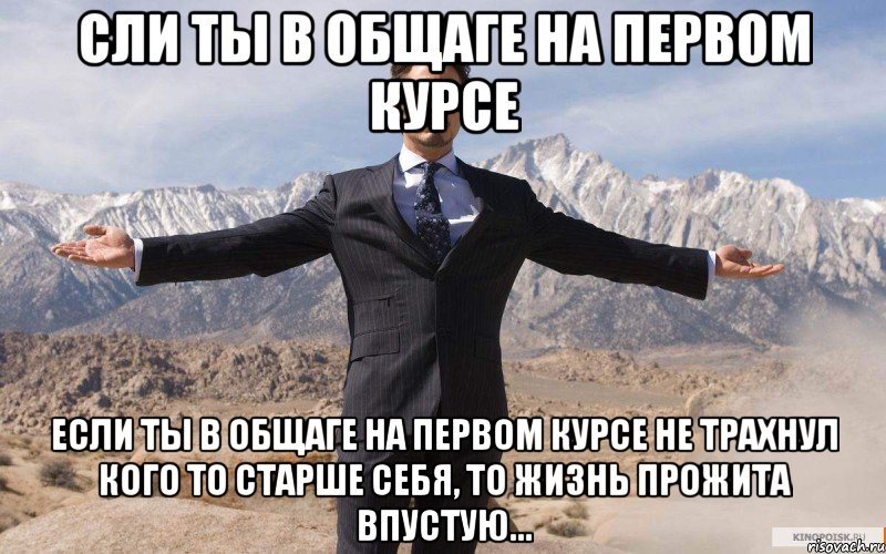 сли ты в общаге на первом курсе если ты в общаге на первом курсе не трахнул кого то старше себя, то жизнь прожита впустую..., Мем железный человек