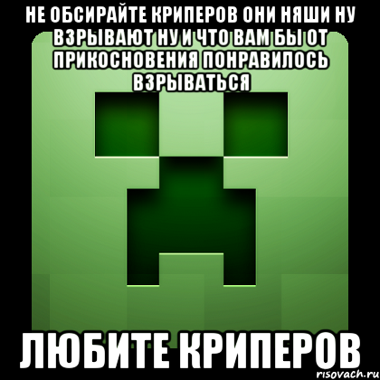 не обсирайте криперов они няши ну взрывают ну и что вам бы от прикосновения понравилось взрываться любите криперов, Мем Creeper