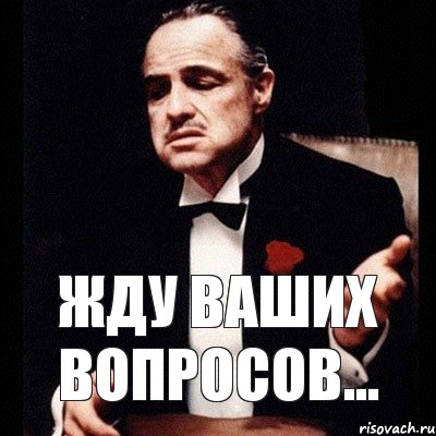 Твой вопрос. Жду ваших вопросов. Готова ответить на ваши вопросы. Ваши вопросы Мем. Дон Вито Корлеоне я ждал тебя.