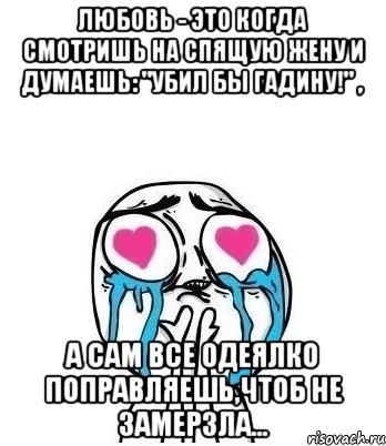 Любовь - это когда смотришь на спящую жену и думаешь: "Убил бы гадину!" , а сам все одеялко поправляешь,чтоб не замерзла...