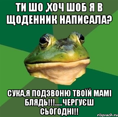 Ти шо ,хоч шоб я в щоденник написала? Сука,я подзвоню твоїй мамі блядь!!!.....чергуєш сьогодні!!, Мем  Мерзкая жаба