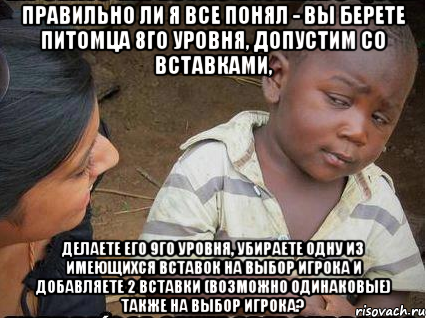 Правильно ли я все понял - вы берете питомца 8го уровня, допустим со вставками, делаете его 9го уровня, убираете одну из имеющихся вставок на выбор игрока и добавляете 2 вставки (возможно одинаковые) также на выбор игрока?, Мем    Недоверчивый негритенок