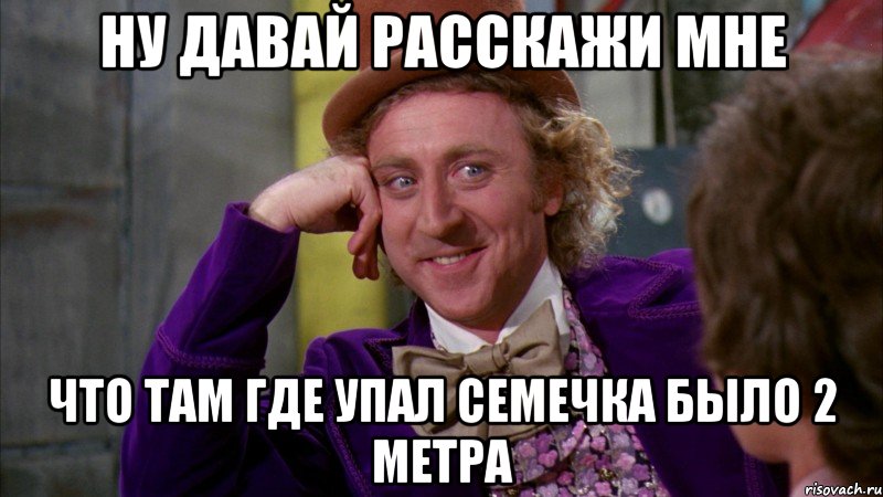 Ну давай расскажи мне что там где упал Семечка было 2 метра, Мем Ну давай расскажи (Вилли Вонка)