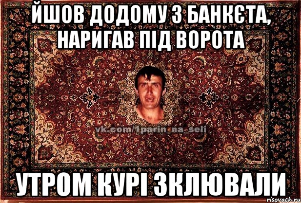 йшов додому з банкєта, наригав під ворота утром курі зклювали, Мем Парнь на сел