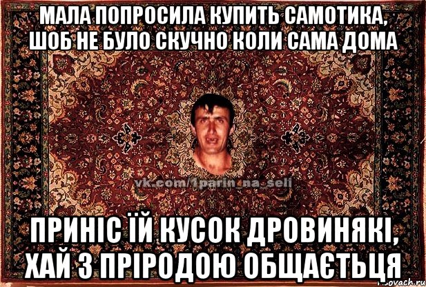 мала попросила купить самотика, шоб не було скучно коли сама дома приніс їй кусок дровинякі, хай з пріродою общаєтьця, Мем Парнь на сел