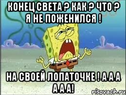 конец света ? как ? что ? я не поженился ! на своей лопаточке ! а а а а а а!, Мем Спанч Боб плачет