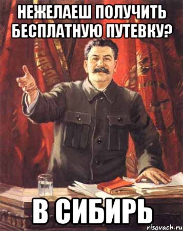 нежелаеш получить бесплатную путевку? в сибирь, Мем  сталин цветной