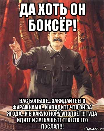 Да хоть он боксёр! Вас больше...закидайте его фуражками...и увидите что он за ягода...и в какую нору уползёт!!!туда идите и заебашьте тех кто его послал!!!, Мем  сталин цветной