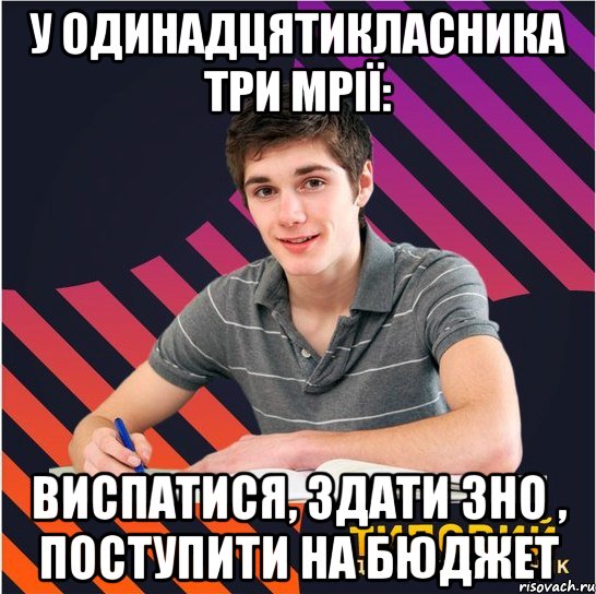 у одинадцятикласника три мрії: виспатися, здати зно , поступити на бюджет, Мем Типовий одинадцятикласник