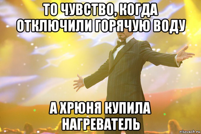 То чувство, когда отключили горячую воду а Хрюня купила нагреватель, Мем Тони Старк (Роберт Дауни младший)