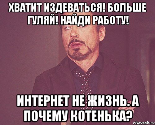 хватит издеваться! больше гуляй! найди работу! интернет не жизнь. а почему котенька?, Мем твое выражение лица