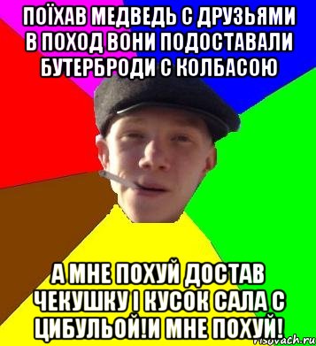 Поїхав медведь с друзьями в поход вони подоставали бутерброди с колбасою А мне похуй достав чекушку і кусок сала с цибульой!И мне похуй!, Мем умный гопник