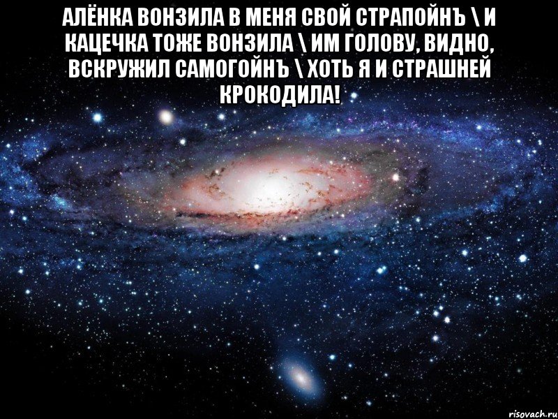 Алёнка вонзила в меня свой страпойнЪ \ И Кацечка тоже вонзила \ Им голову, видно, вскружил самогойнЪ \ Хоть я и страшней крокодила! , Мем Вселенная