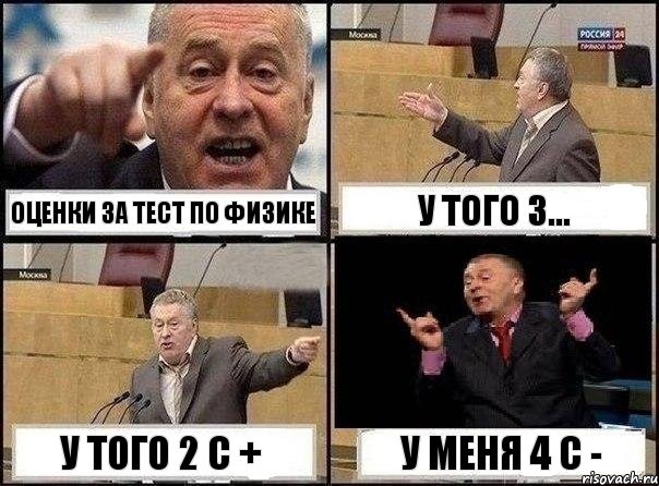 Оценки за тест по физике У того 3... У того 2 с + у меня 4 с -, Комикс Жириновский клоуничает