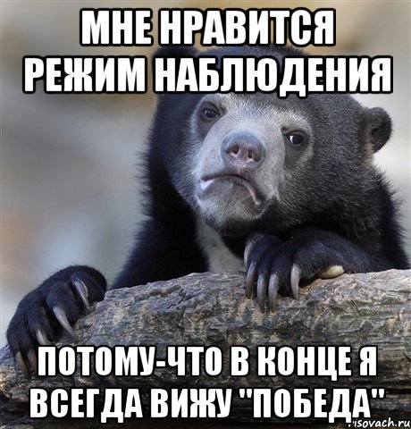 МНЕ НРАВИТСЯ РЕЖИМ НАБЛЮДЕНИЯ ПОТОМУ-ЧТО В КОНЦЕ Я ВСЕГДА ВИЖУ "ПОБЕДА", Мем грустный медведь