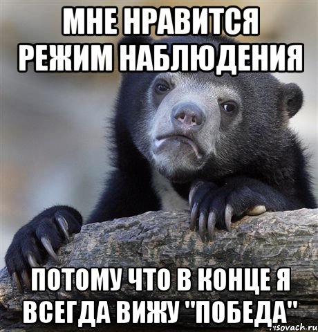 МНЕ НРАВИТСЯ РЕЖИМ НАБЛЮДЕНИЯ ПОТОМУ ЧТО В КОНЦЕ Я ВСЕГДА ВИЖУ "ПОБЕДА", Мем грустный медведь