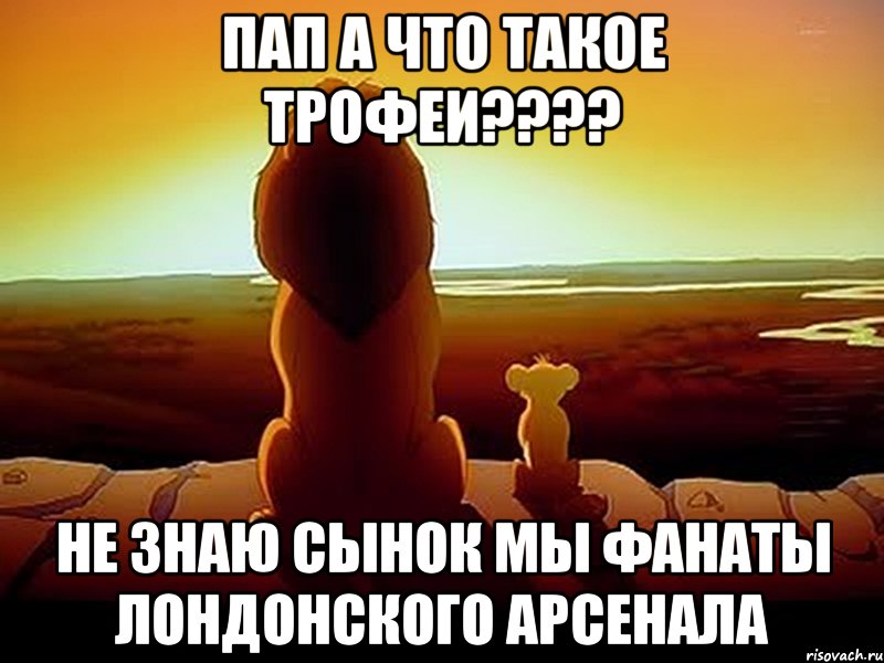 Пап а что такое трофеи???? Не знаю сынок мы фанаты лондонского Арсенала, Мем  король лев