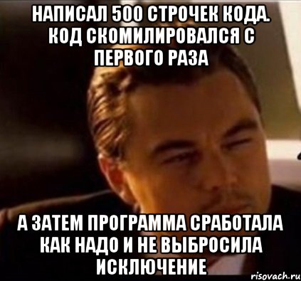 Написал 500 строчек кода. Код скомилировался с первого раза а затем программа сработала как надо и не выбросила исключение, Мем леонардо ди каприо