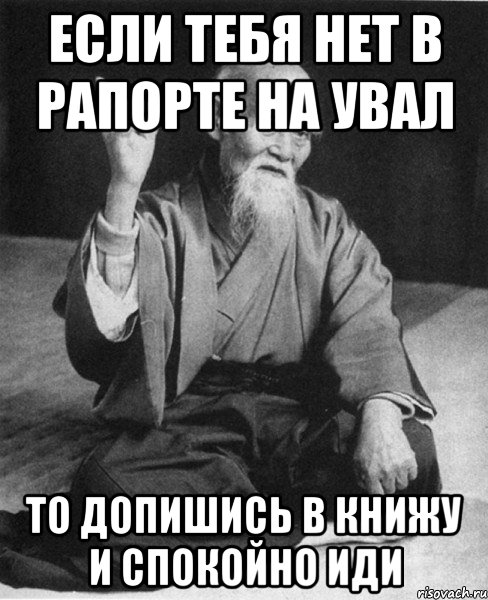 если тебя нет в рапорте на увал то допишись в книжу и спокойно иди, Мем Монах-мудрец (сэнсей)