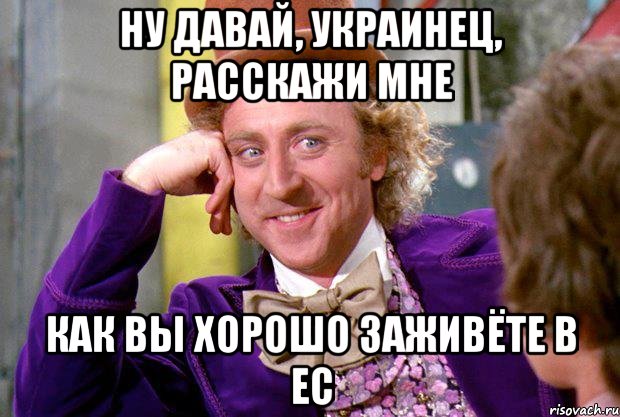 НУ ДАВАЙ, УКРАИНЕЦ, РАССКАЖИ МНЕ КАК ВЫ ХОРОШО ЗАЖИВЁТЕ В ЕС, Мем Ну давай расскажи (Вилли Вонка)