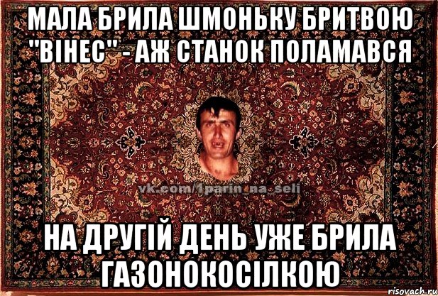 мала брила шмоньку бритвою "вінес" - аж станок поламався на другій день уже брила газонокосілкою, Мем Парнь на сел