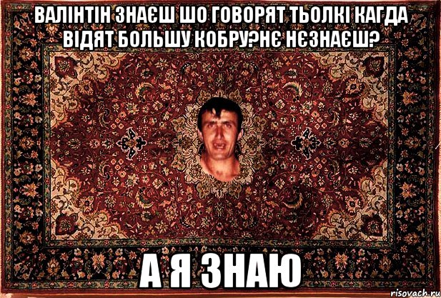 Валінтін знаєш шо говорят тьолкі кагда відят большу кобру?Нє нєзнаєш? а я знаю, Мем Перший парнь на сел