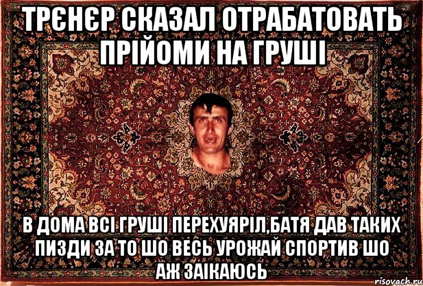 трєнєр сказал отрабатовать прійоми на груші в дома всі груші перехуяріл,батя дав таких пизди за то шо весь урожай спортив шо аж заікаюсь, Мем Перший парнь на сел