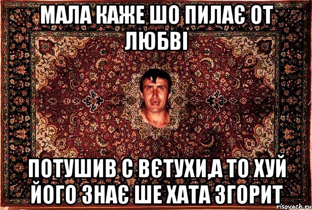 мала каже шо пилає от любві потушив с вєтухи,а то хуй його знає ше хата згорит, Мем Перший парнь на сел