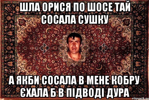 шла орися по шосе тай сосала сушку а якби сосала в мене кобру єхала б в підводі дура, Мем Перший парнь на сел