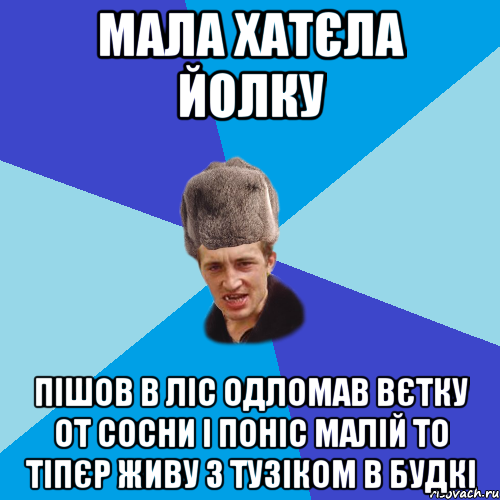 Мала хатєла йолку пішов в ліс одломав вєтку от сосни і поніс малій то тіпєр живу з тузіком в будкі