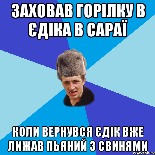 заховав горілку в єдіка в сараї коли вернувся єдік вже лижав пьяний з свинями, Мем Празднчний паца