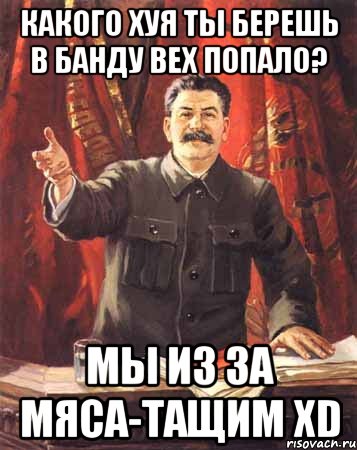 какого хуя ты берешь в банду вех попало? Мы из за мяса-тащим xD, Мем  сталин цветной