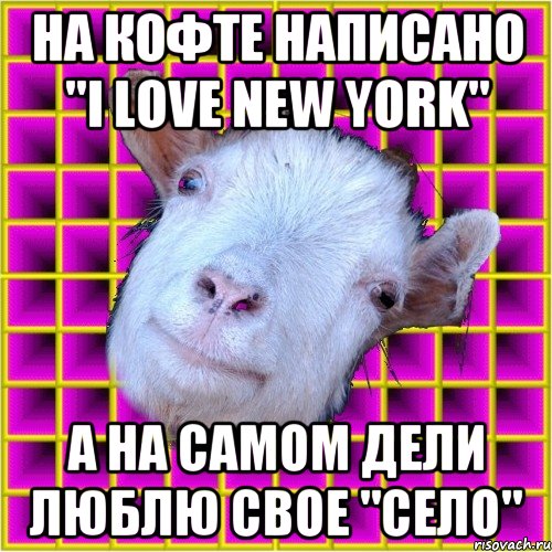 На кофте написано "I love New York" А на самом дели люблю свое "Село", Мем типичная коза